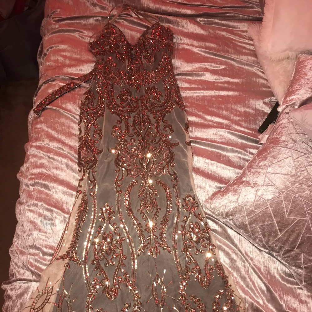Gold open back embroidered prom dress!
